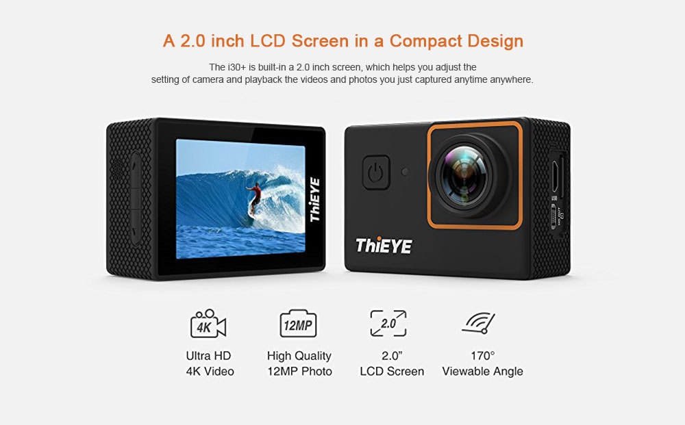 ThiEYE i30+ 4K Action Camera WiFi Waterproof Sport Video Camera 12MP Full HD 2 inch Screen with Multiple Modes