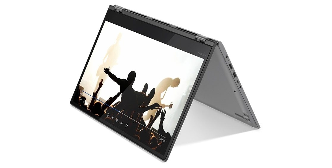 Lenovo Yoga 530 stylish 2-in-1 laptop, shown in Tent mode from 3/4 front, with concert footage