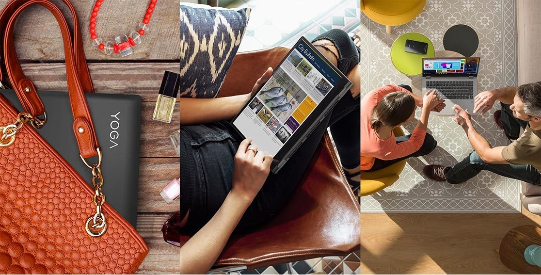 Lenovo Yoga 530 stylish 2-in-1 laptop, shown in purse, on lap, and on table between two people