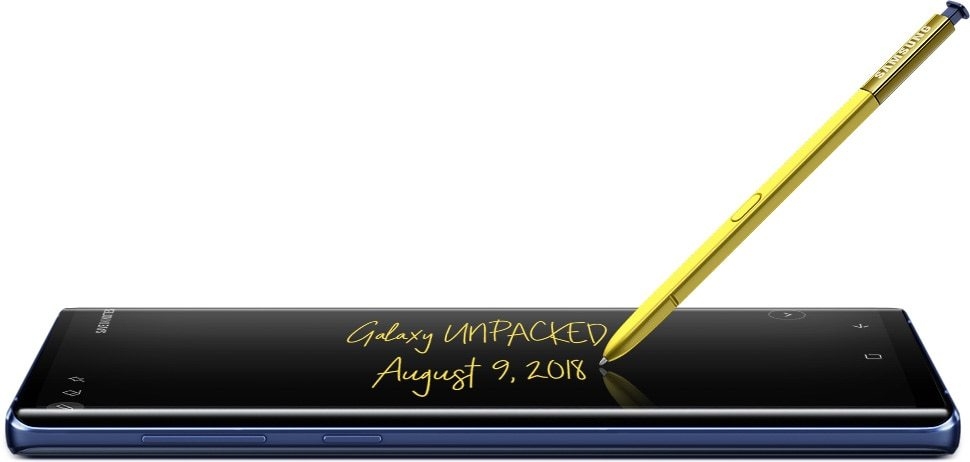 Ocean Blue Galaxy Note9 in landscape mode seen from the left with yellow S Pen writing in yellow ink color