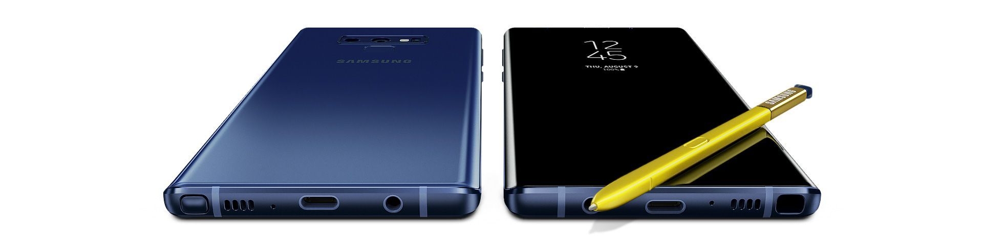 Two Galaxy Note9s, one seen from the rear and the other seen from the front, with the S Pen laying on the screen