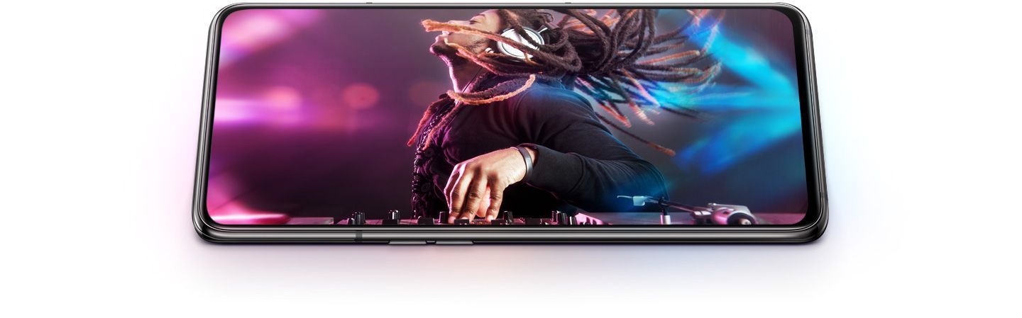 Galaxy A80 in landscape mode with a man DJing on-screen showing smooth performance.