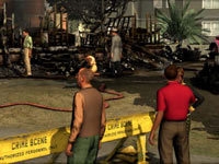 Observing the results of a possible case of arson from the police barricade in L.A. Noire